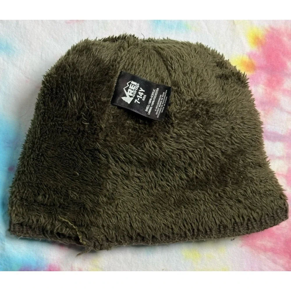 REI Co-op Beanie Hat Youth Brown Blue Pom Knit Fleece Lined Winter Y7-14